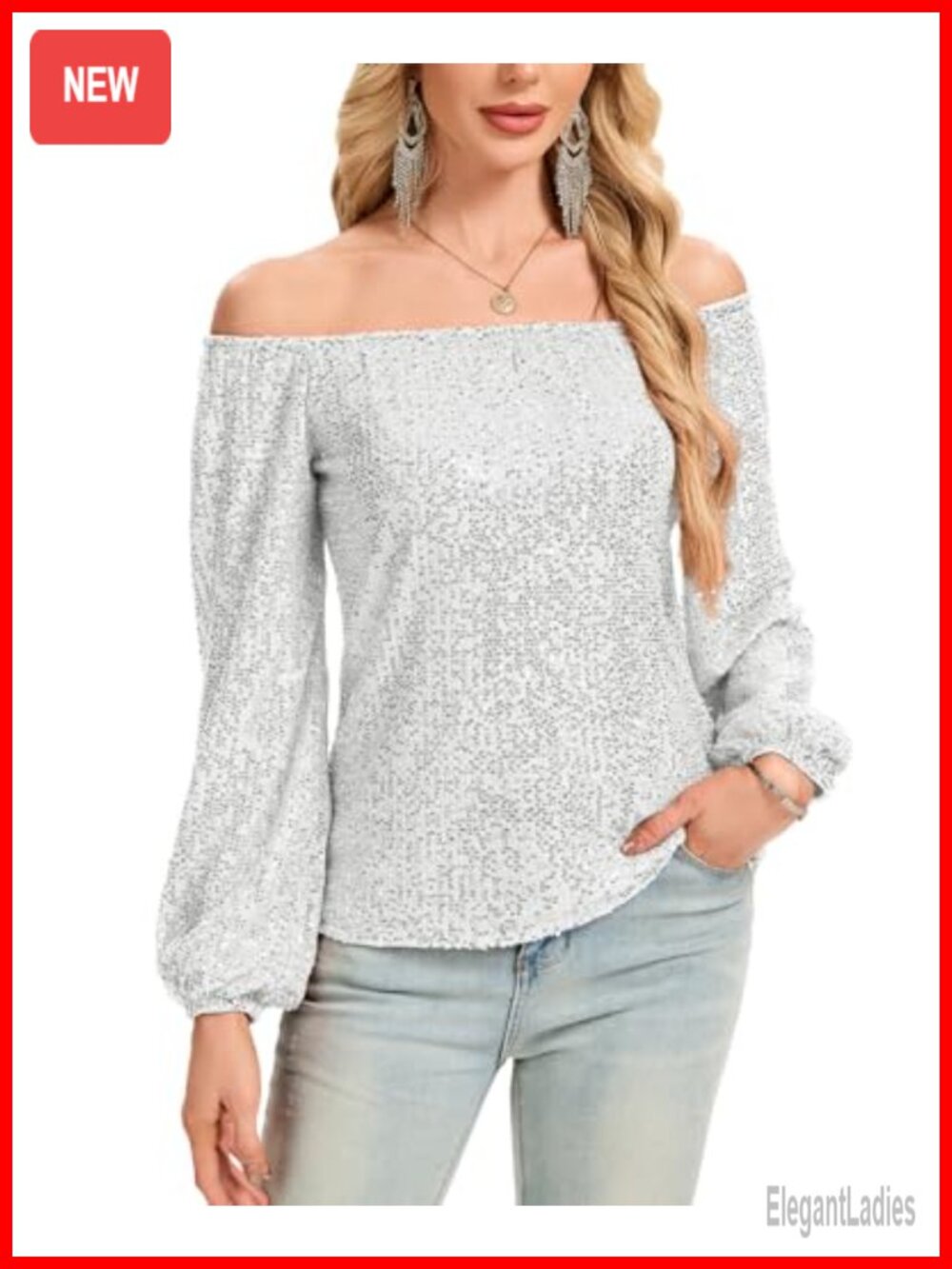 Women's Off The Shoulder Sequin Long Sleeve Sparkly Blouse